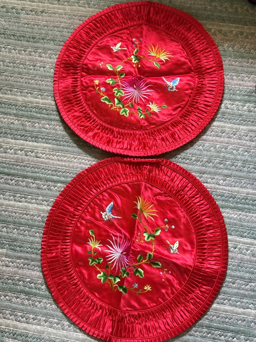 Vintage Chinese Red Satin Embroidered Round Pillow Covers 2 Pc 19” Dia